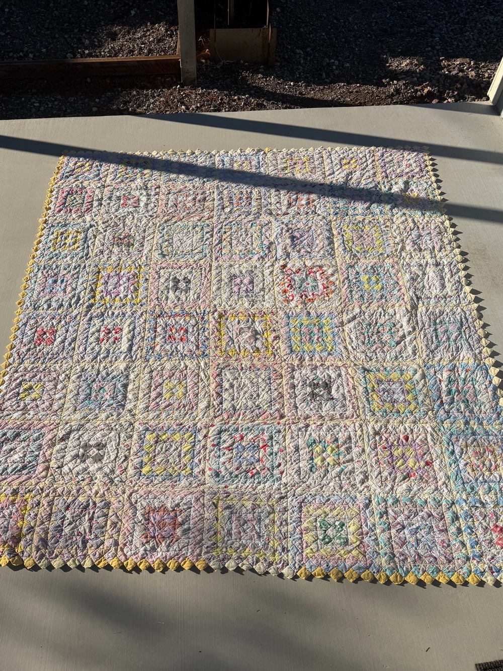 Vintage Tattered Hand Stitched Quilt Pastels Faded